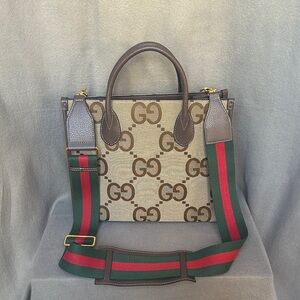 GUCCI Palace GG Jumbo Canvas Tote Bag With Web Details & Shoulder Strap